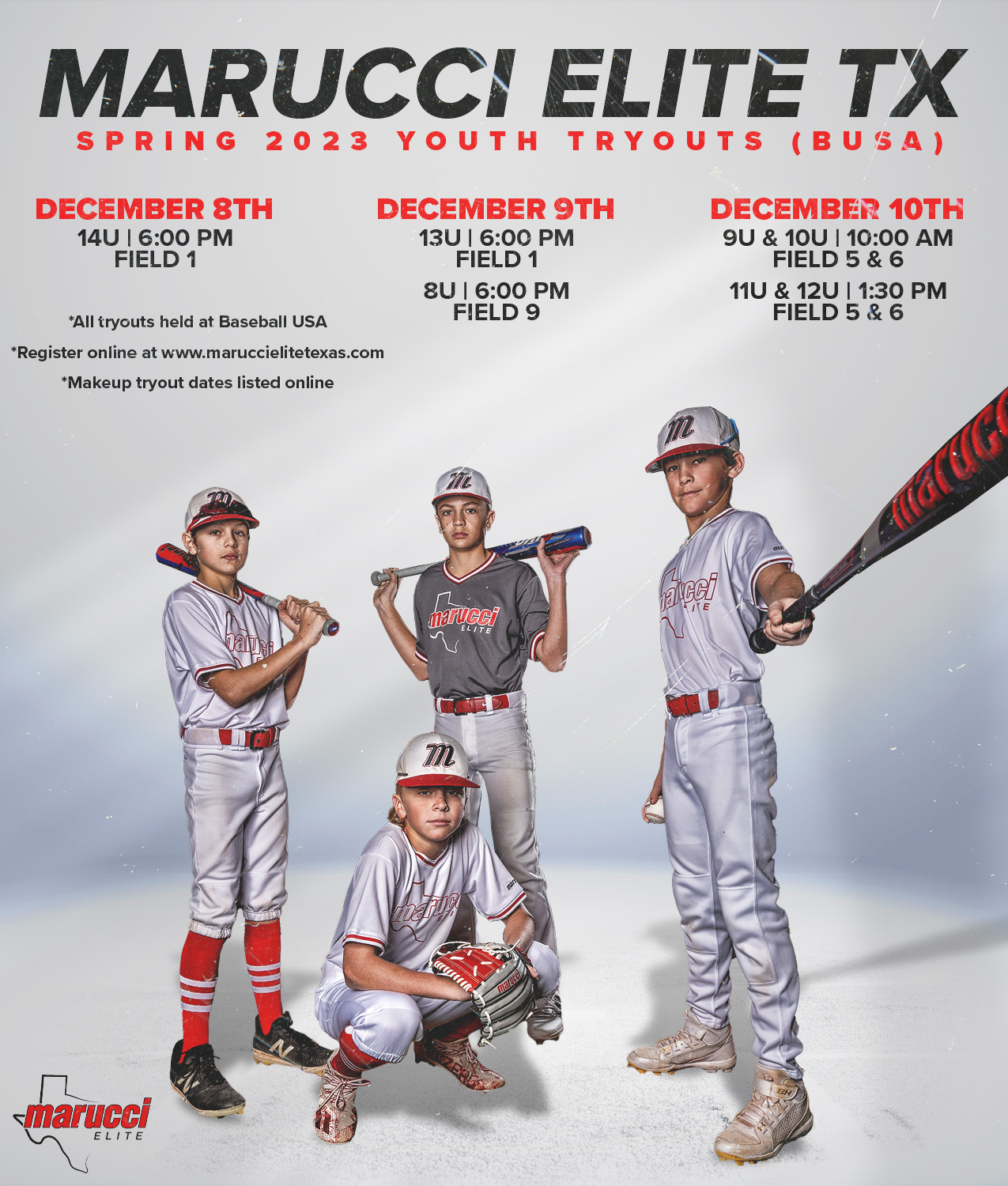 Spring 2023 Tryout Dates for Baseball USA!! Marucci Elite Texas